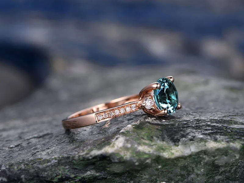 Three stone engagement ring Alexandrite engagement ring rose gold real diamond ring vintage June birthstone ring wedding anniversary ring sold by Willwork Jewelry product image thumbnail 3