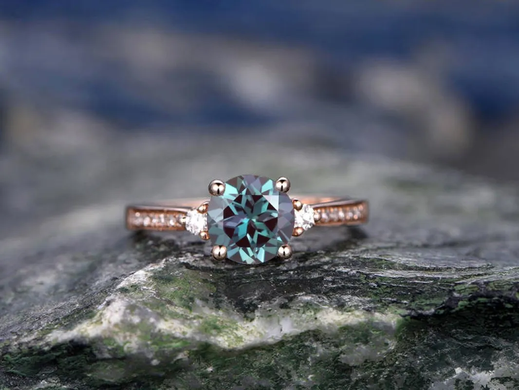 Three stone engagement ring Alexandrite engagement ring rose gold real diamond ring vintage June birthstone ring wedding anniversary ring sold by Willwork Jewelry