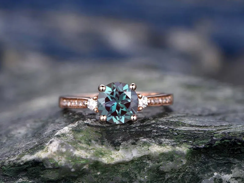 Three stone engagement ring Alexandrite engagement ring rose gold real diamond ring vintage June birthstone ring wedding anniversary ring sold by Willwork Jewelry