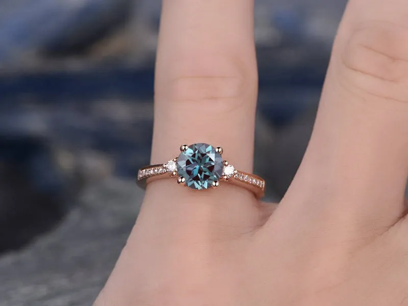 Three stone engagement ring Alexandrite engagement ring rose gold real diamond ring vintage June birthstone ring wedding anniversary ring sold by Willwork Jewelry product image thumbnail 2