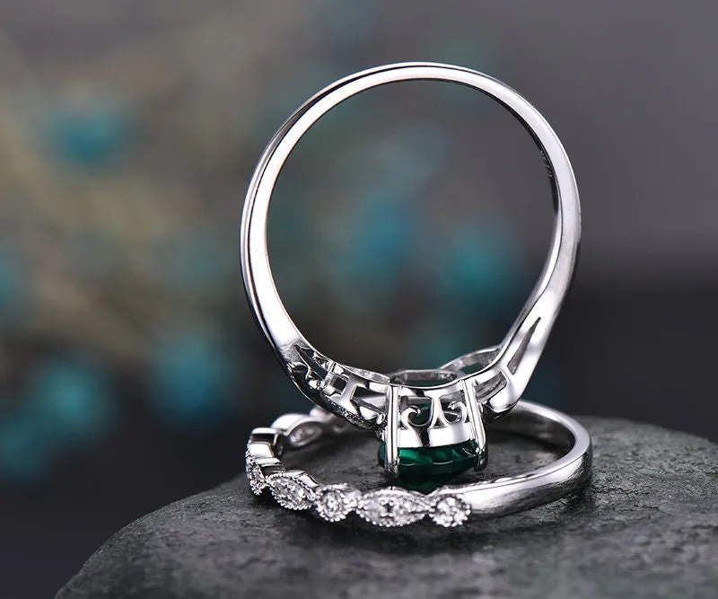Emerald engagement ring set white gold-emerald ring gold handmade Diamond ring-2pcs floral Wedding ring set-May birthstone ring promise ring sold by Willwork Jewelry product image thumbnail 5