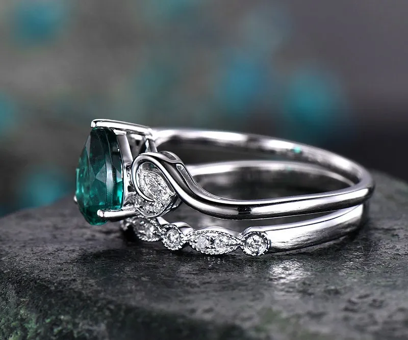 Emerald engagement ring set white gold-emerald ring gold handmade Diamond ring-2pcs floral Wedding ring set-May birthstone ring promise ring sold by Willwork Jewelry product image thumbnail 4