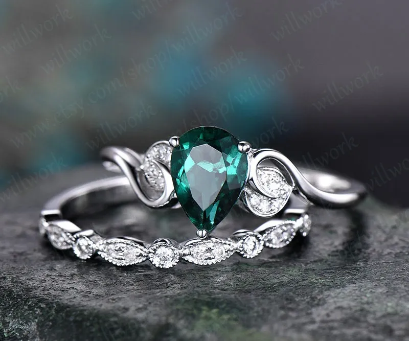 Emerald engagement ring set white gold-emerald ring gold handmade Diamond ring-2pcs floral Wedding ring set-May birthstone ring promise ring sold by Willwork Jewelry product image thumbnail 3