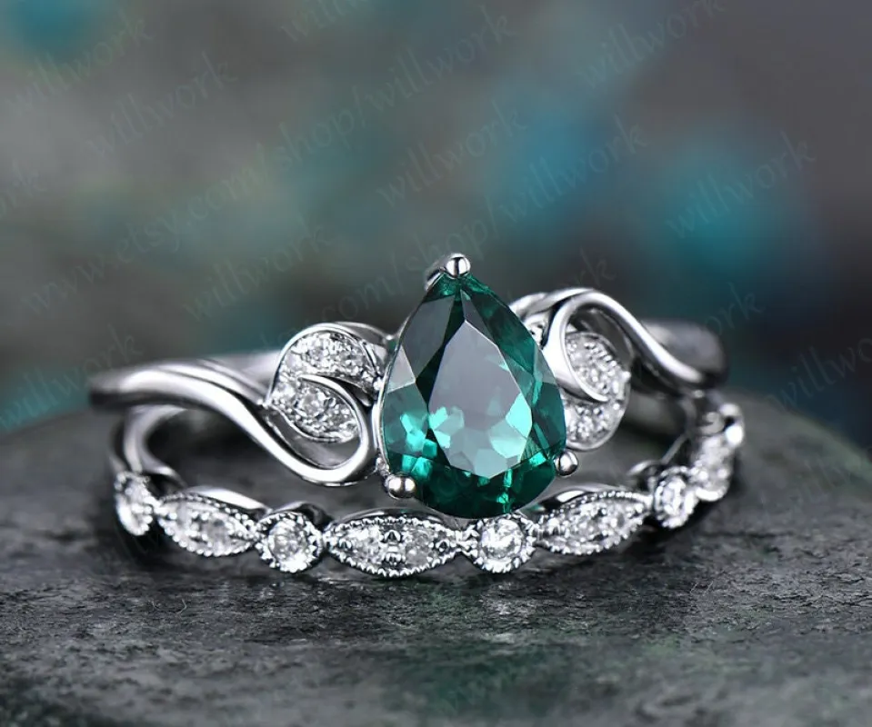 Emerald engagement ring set white gold-emerald ring gold handmade Diamond ring-2pcs floral Wedding ring set-May birthstone ring promise ring sold by Willwork Jewelry