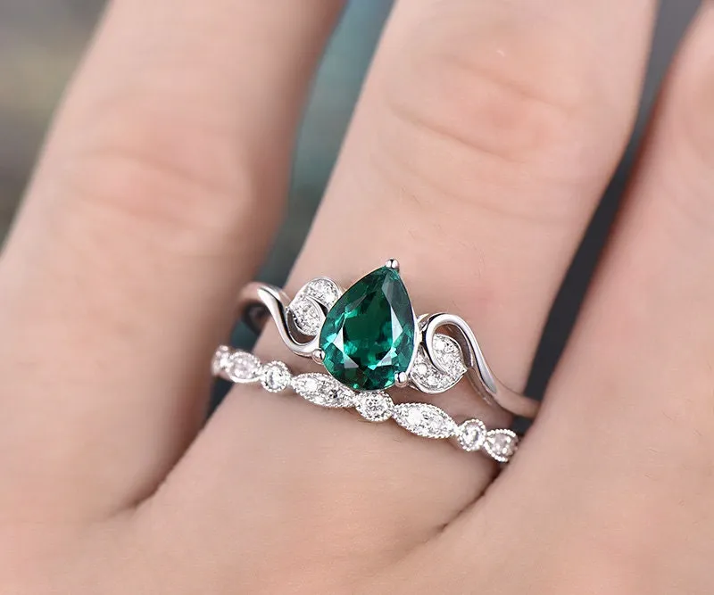 Emerald engagement ring set white gold-emerald ring gold handmade Diamond ring-2pcs floral Wedding ring set-May birthstone ring promise ring sold by Willwork Jewelry product image thumbnail 2