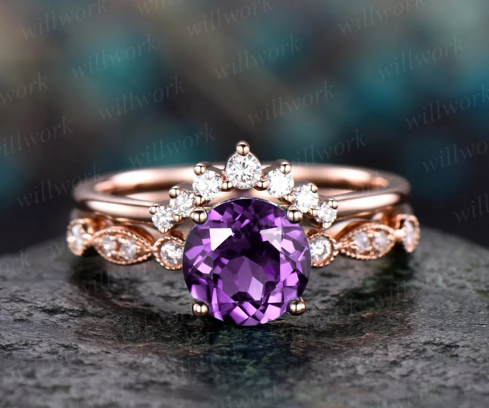 Amethyst engagement ring set rose gold amethyst ring vintage marquise diamond ring crown matching stacking wedding promise bridal ring set made by Willwork Jewelry