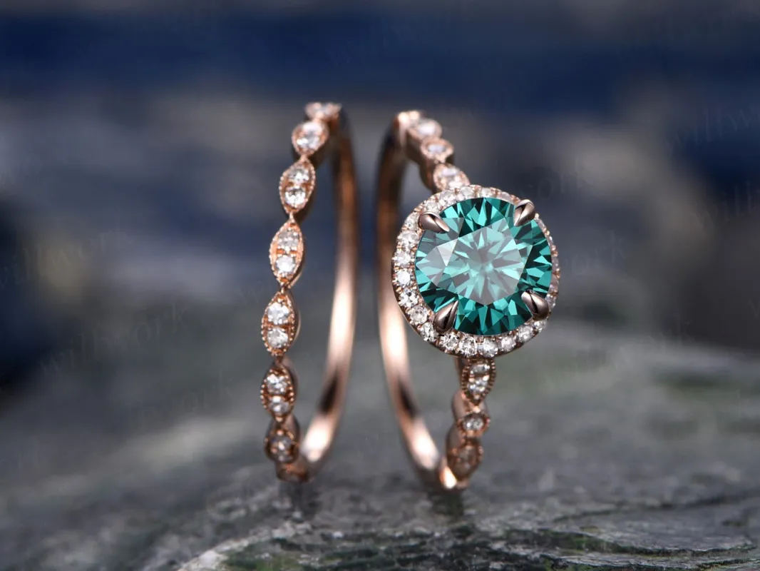 Art deco diamond ring unique vintage halo 1ct engagement ring 2pcs Colorful Green moissanite engagement ring set wedding bridal set jewelry sold by Willwork Jewelry