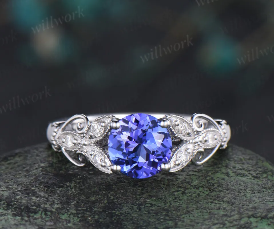 6.5mm Round Blue Tanzanite engagement ring-solid 14k white gold-diamond wedding ring-tanzanite ring wedding ring-Floral art deco ring made by Willwork Jewelry