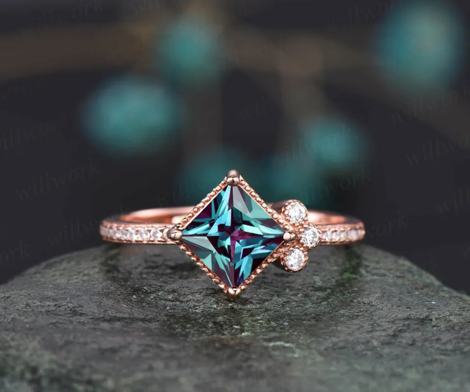 7mm princess cut Alexandrite ring unique vintage Alexandrite engagement ring rose gold ring Personalized diamond ring June birthstone ring sold by Willwork Jewelry