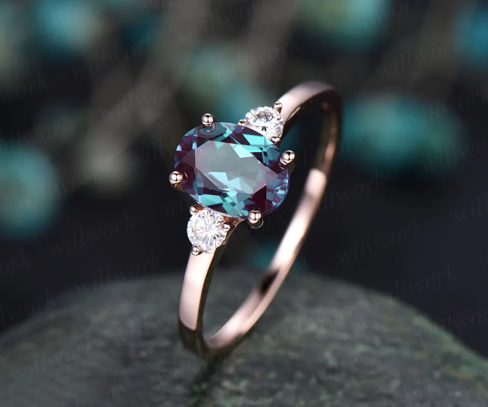 6x8mm oval cut Alexandrite ring Lab treated Alexandrite engagement ring solid 14k rose gold moissanite wedding ring unique jewelry sold by Willwork Jewelry