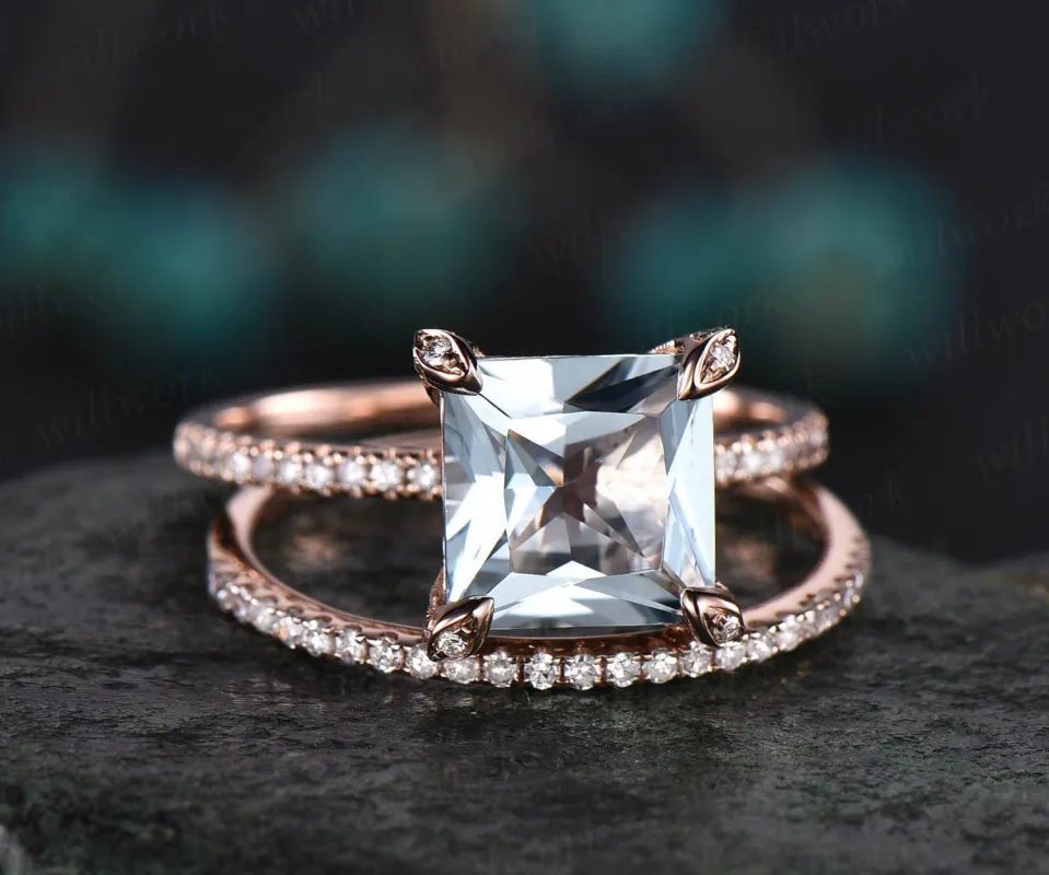 Vintage unique Princess cut engagement ring 2pcs natural aquamarine engagement ring set rose gold March birthstone ring custom fine jewelry made by Willwork Jewelry
