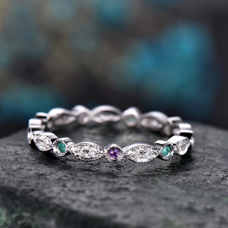 Emerald diamond wedding ring amethyst wedding band-solid 14k white gold full eternity matching band-promise ring for her,birthstone ring sold by Willwork Jewelry