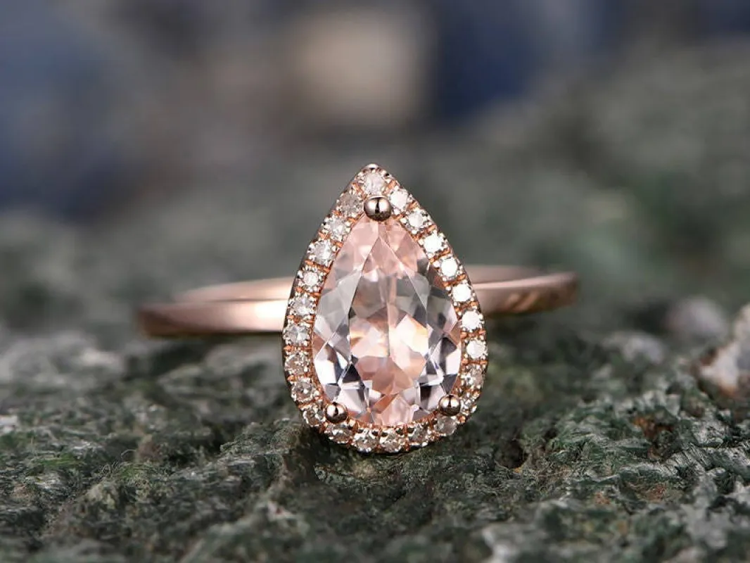 Morganite engagement ring handmade solid 14k rose gold ring solitaire stacking 5x7mm tear drop real diamond halo ring wedding promise ring made by Willwork Jewelry