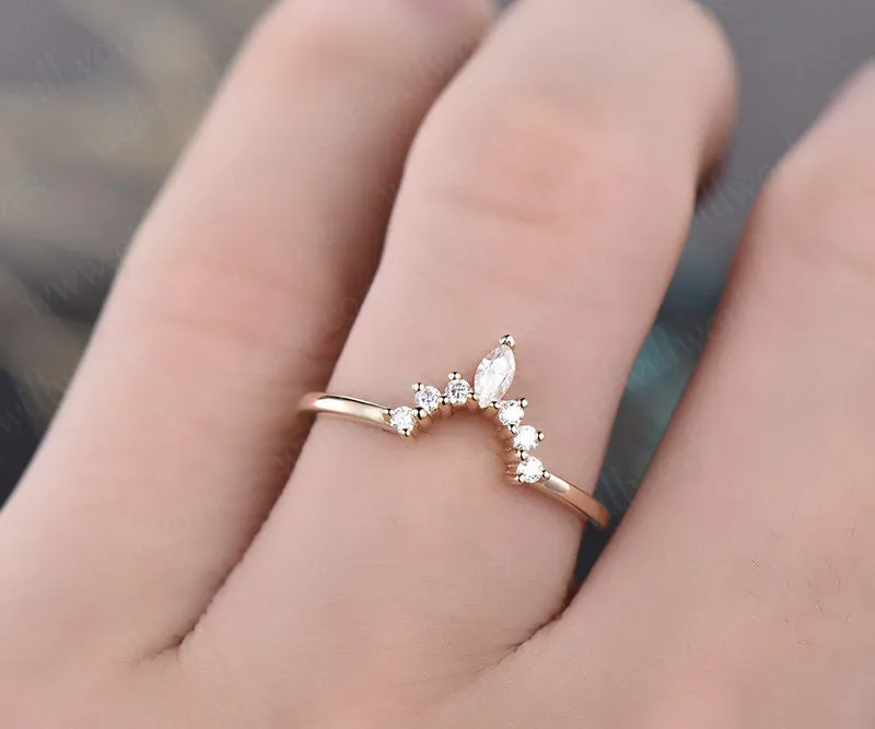 Moissanite wedding band solid yellow gold crown moissanite matching band marquise unique antique gift bridal art deco curved wedding band sold by Willwork Jewelry product image thumbnail 2