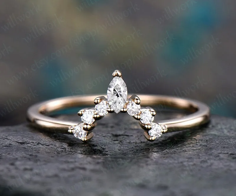 Moissanite wedding band solid yellow gold crown moissanite matching band marquise unique antique gift bridal art deco curved wedding band sold by Willwork Jewelry product image thumbnail 3
