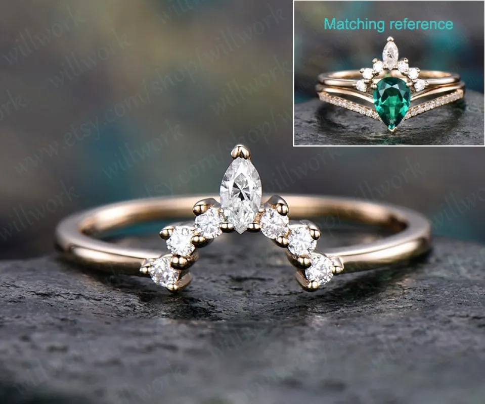 Moissanite wedding band solid yellow gold crown moissanite matching band marquise unique antique gift bridal art deco curved wedding band made by Willwork Jewelry