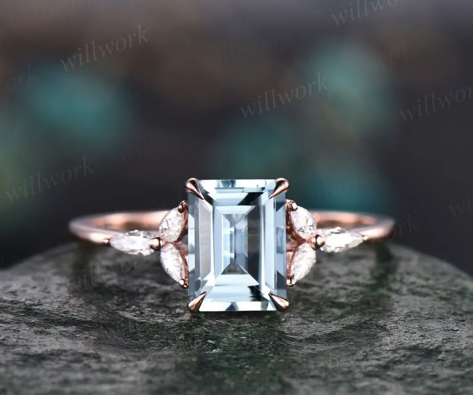 Emerald cut aquamarine engagement ring vintage aquamarine ring rose gold for women dainty custom ring pear moissanite ring promise ring gift sold by Willwork Jewelry