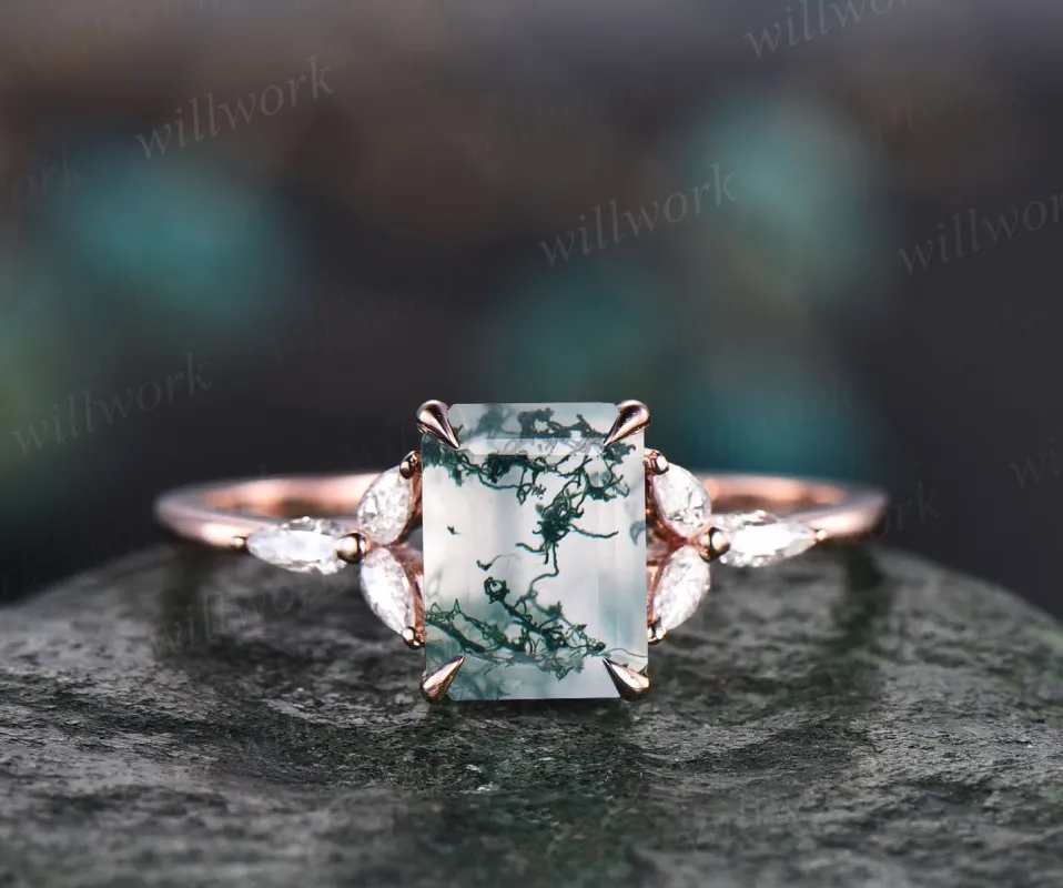 Vintage unique emerald cut green moss agate engagement ring rose gold silver flower pear shaped moissanite ring promise wedding ring women sold by Willwork Jewelry