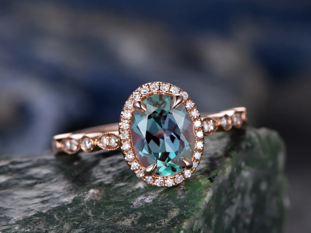 Art deco diamond halo ring oval cut alexandrite engagement ring rose gold marquise color change alexandrite June birthstone anniversary ring sold by Willwork Jewelry