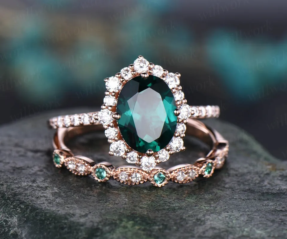 7x9mm oval green emerald engagement ring set rose gold moissanite halo May birthstone 2pcs natural emerald diamond wedding bridal ring set sold by Willwork Jewelry