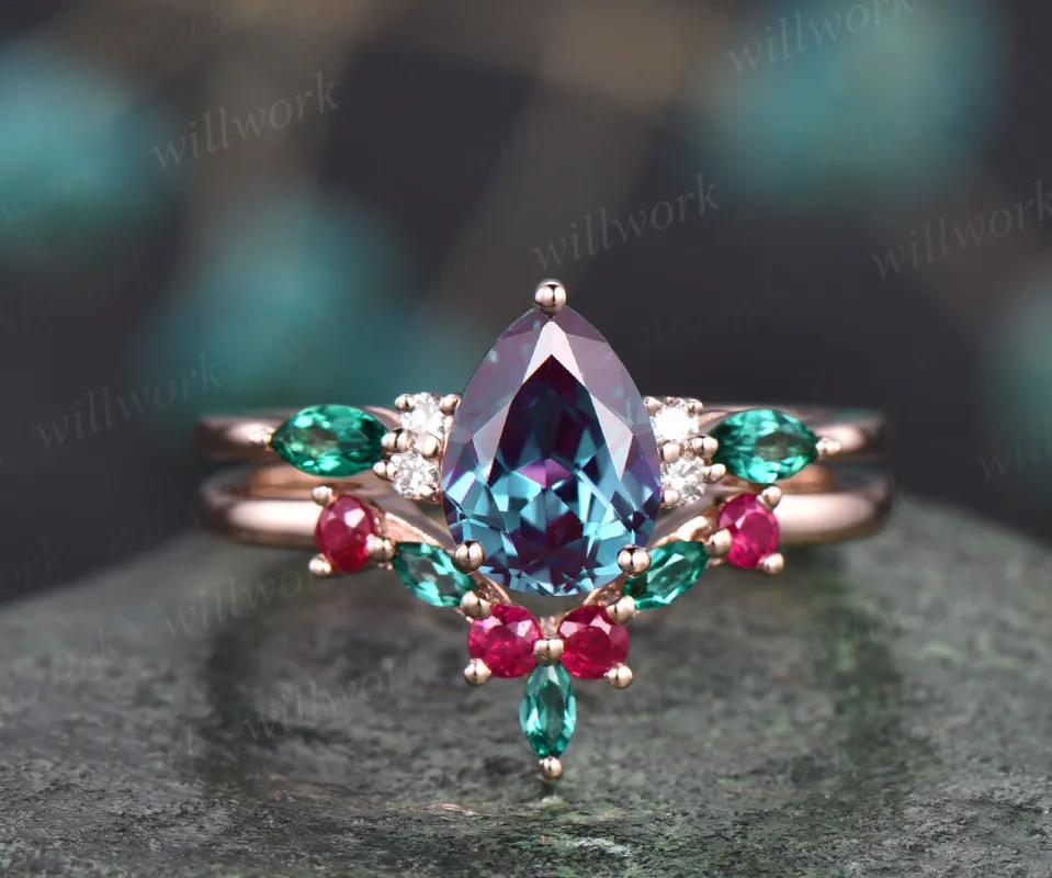 Pear Alexandrite engagement ring set art deco emerald ring set natural ruby ring real diamond ring vintage rose gold unique bridal ring set sold by Willwork Jewelry