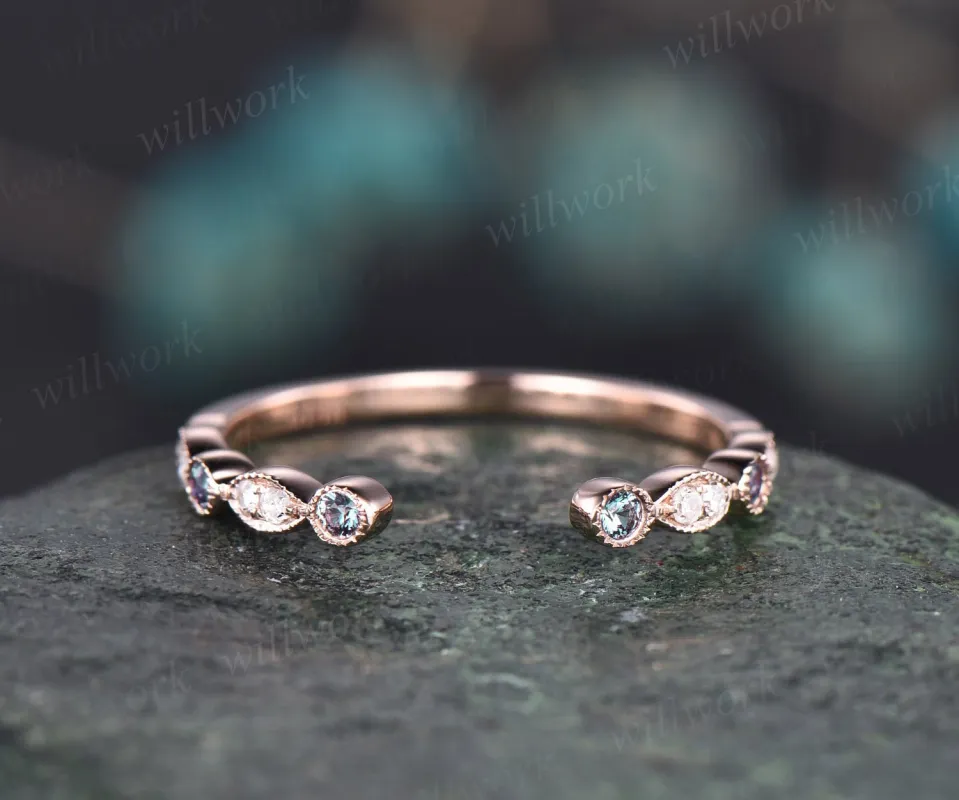 Open gap alexandrite wedding band art deco Migrain diamond wedding ring band stacking half eternity 14k rose gold ring anniversary ring gift sold by Willwork Jewelry