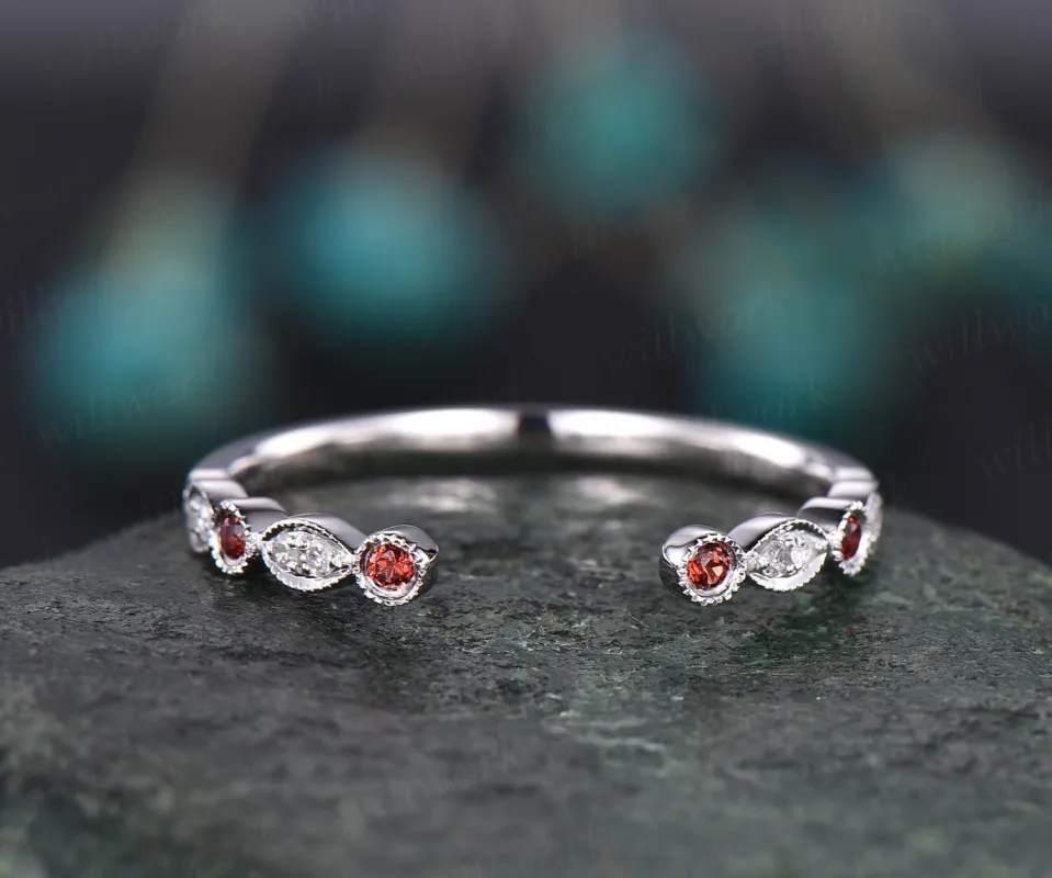 Garnet ring diamond wedding ring garnet wedding band solid 14k white gold open gap marquise art deco stacking ring band Migrain sold by Willwork Jewelry
