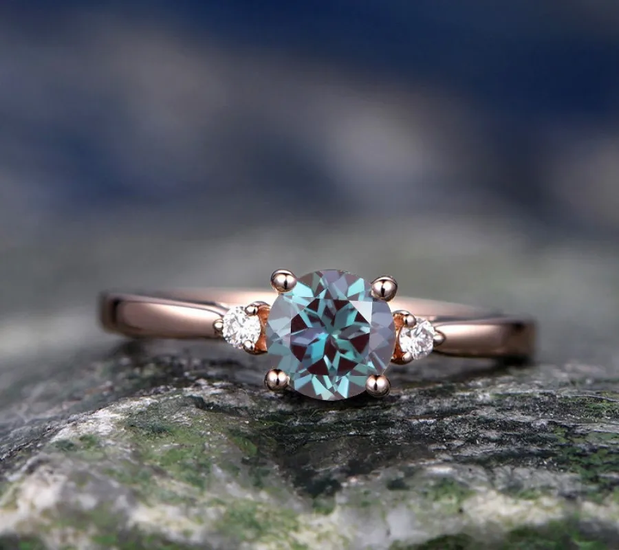Round Alexandrite engagement ring rose gold three stone engagement ring real diamond ring Alexandrite ring gold anniversary gift for her sold by Willwork Jewelry
