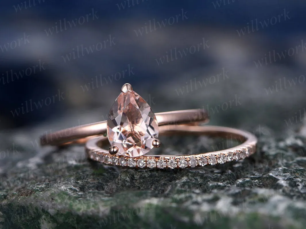 Morganite engagement ring set-handmade Solid 14k Rose gold ring-Real Pave Diamond band-6x8mm Tear Dropped cut  promise ring-Bridal Ring set made by Willwork Jewelry