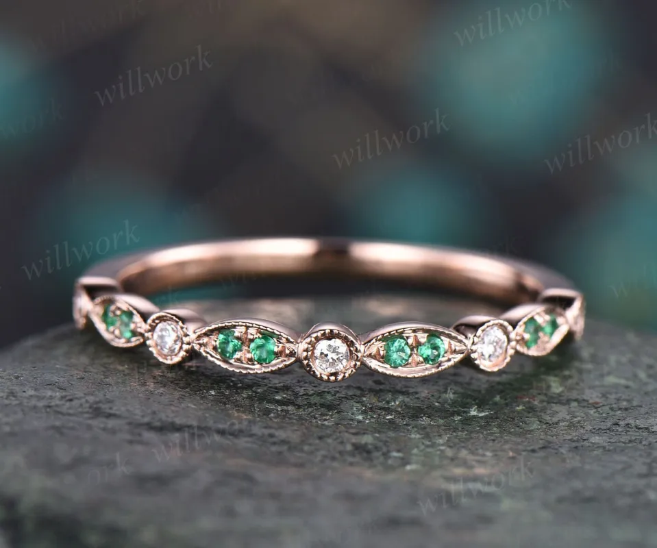 Natural emerald wedding band half eternity diamond wedding ring band vintage emerald ring for women rose gold May birthstone ring jewelry made by Willwork Jewelry