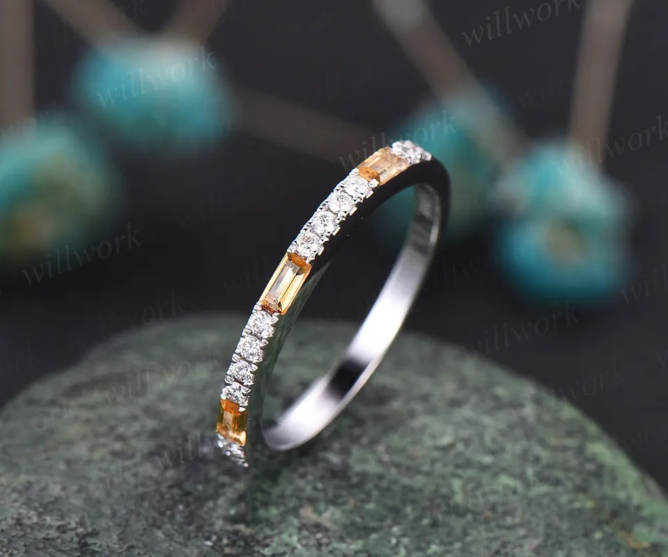 Rectangle citrine wedding ring vintage diamond wedding band solid 14k white gold dainty diamond ring for women bridal anniversary ring gift made by Willwork Jewelry