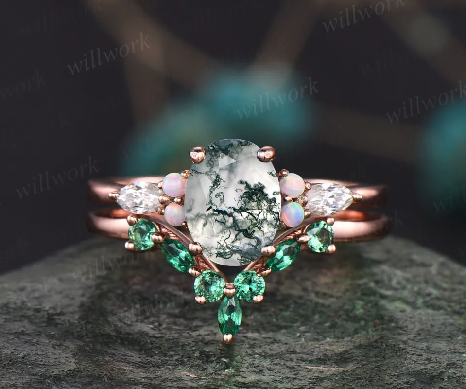 Oval moss agate ring gold for women vintage moss agate engagement ring set opal ring set art deco emerald ring rose gold bridal wedding set sold by Willwork Jewelry