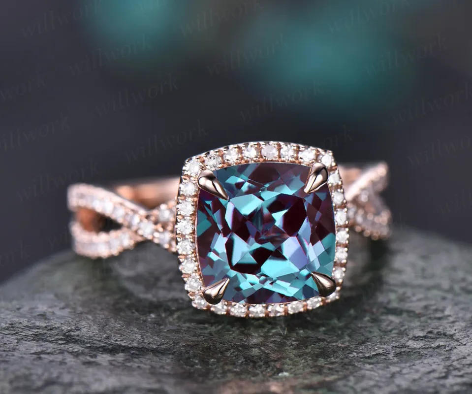 Cushion Alexandrite bridal ring vintage Alexandrite engagement ring rose gold women infinity halo diamond ring color change stone ring gift sold by Willwork Jewelry
