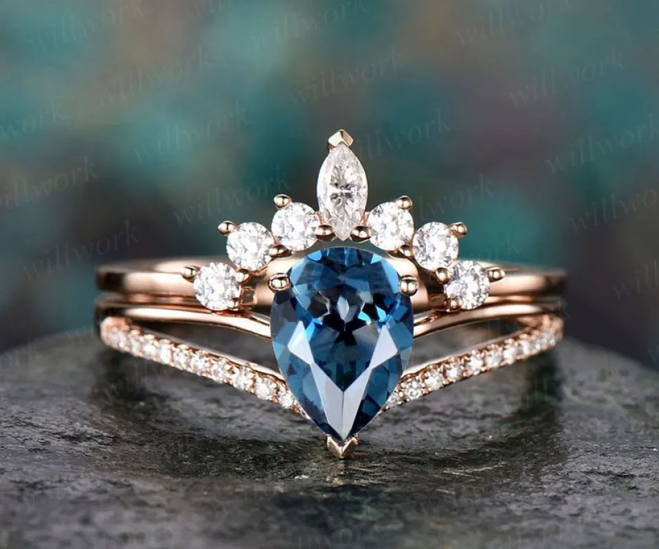 2pc diamond bridal set art deco crown moissanite ring London blue topaz engagement ring 14k rose gold November birthstone anniversary ring sold by Willwork Jewelry