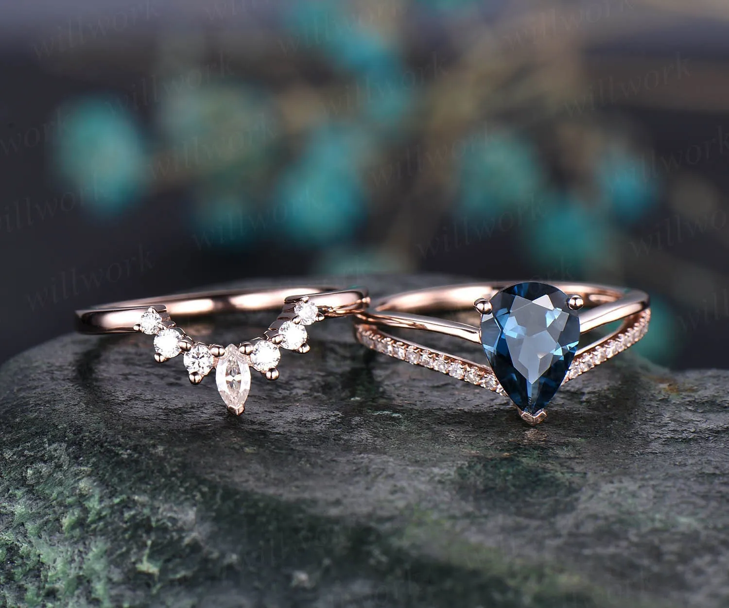2pc diamond bridal set art deco crown moissanite ring London blue topaz engagement ring 14k rose gold November birthstone anniversary ring sold by Willwork Jewelry product image thumbnail 5