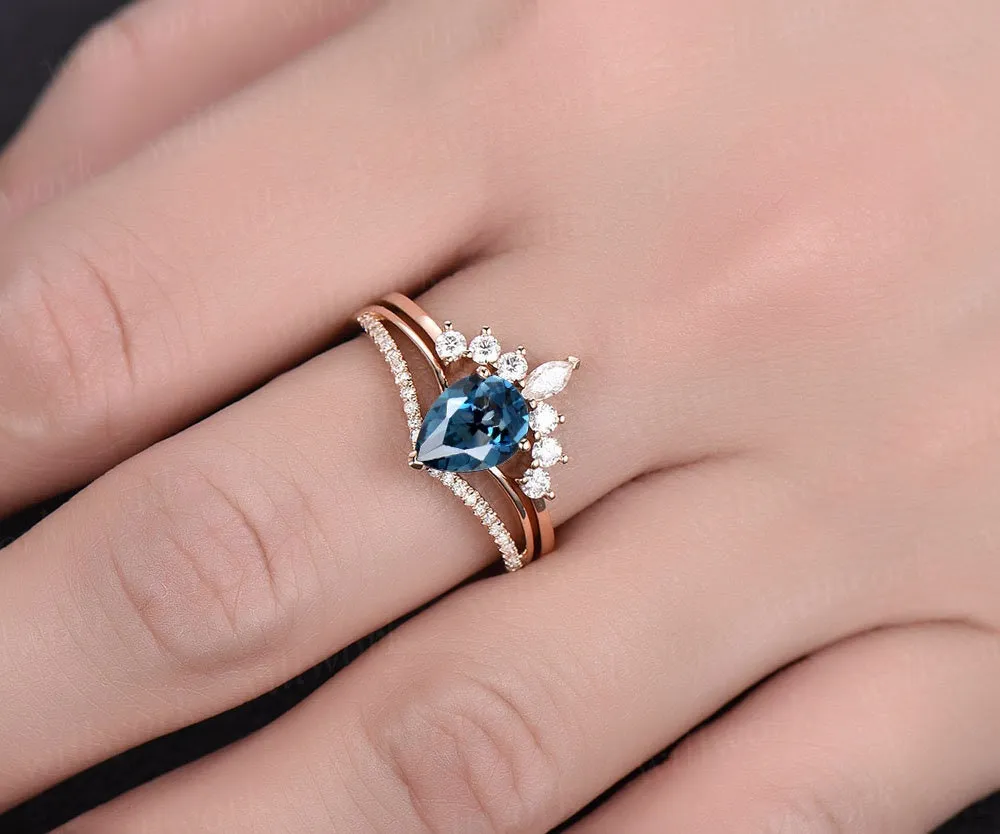 2pc diamond bridal set art deco crown moissanite ring London blue topaz engagement ring 14k rose gold November birthstone anniversary ring sold by Willwork Jewelry product image thumbnail 2
