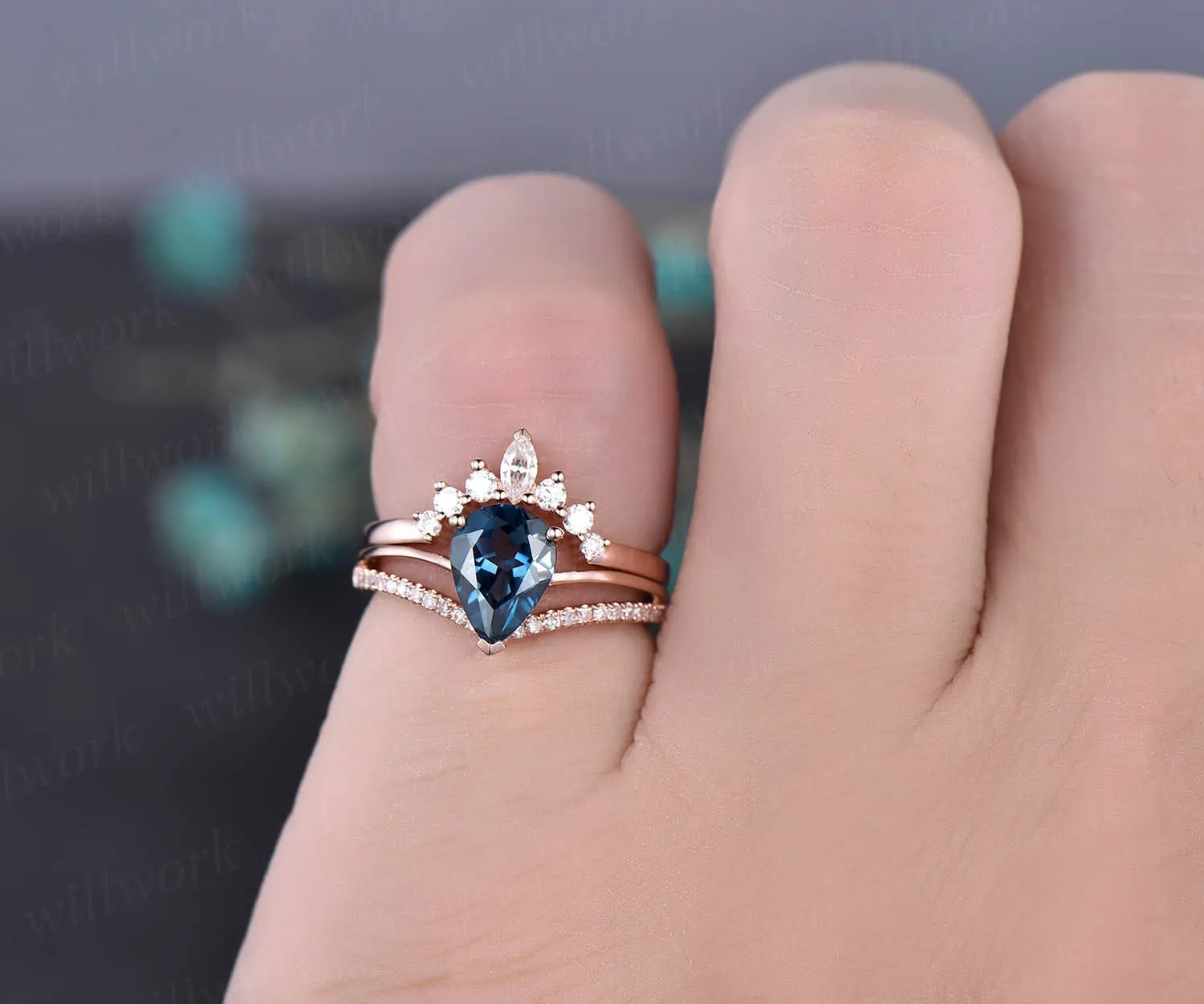 2pc diamond bridal set art deco crown moissanite ring London blue topaz engagement ring 14k rose gold November birthstone anniversary ring sold by Willwork Jewelry product image thumbnail 4