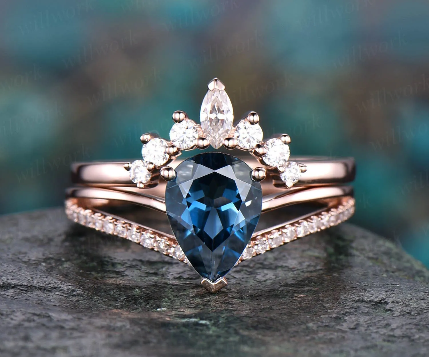 2pc diamond bridal set art deco crown moissanite ring London blue topaz engagement ring 14k rose gold November birthstone anniversary ring sold by Willwork Jewelry product image thumbnail 3