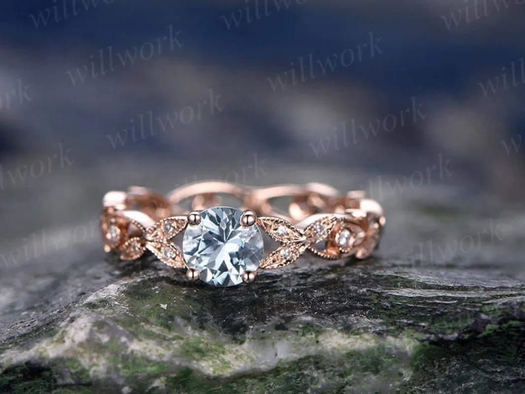 Blue aquamarine engagement ring solid 14k Rose gold full eternity diamond ring 5mm round cut flower unique antique gift bridal promise ring made by Willwork Jewelry