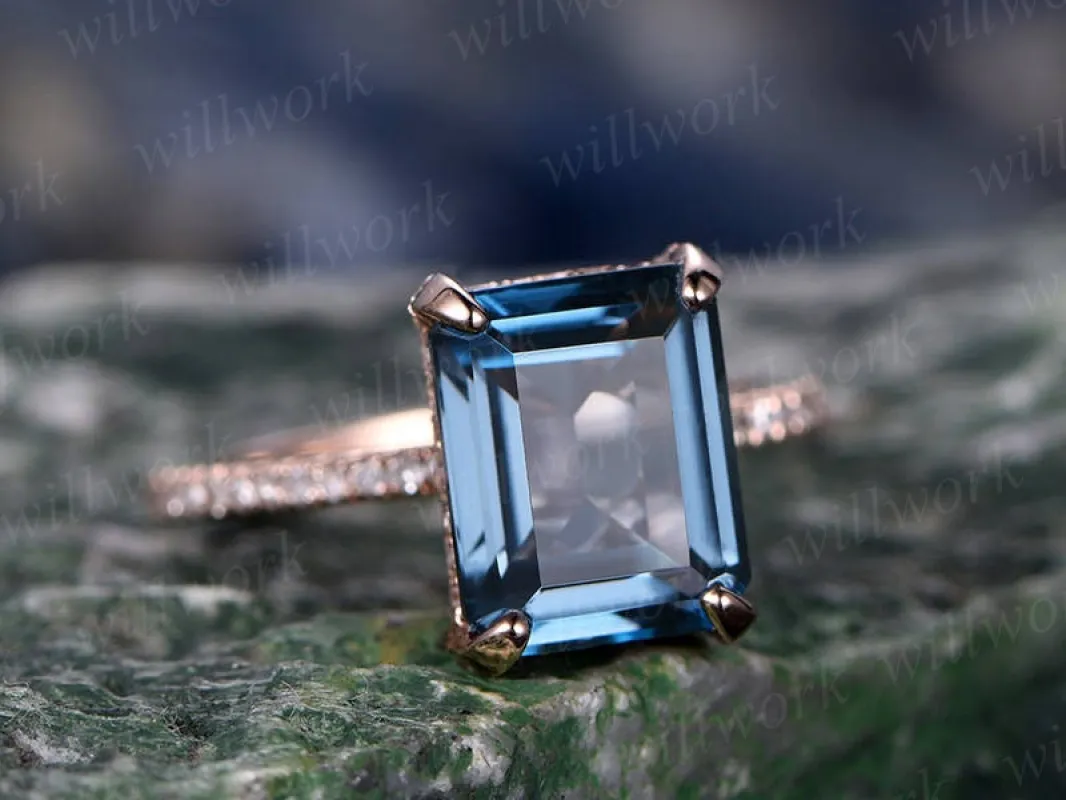 Vintage unique engagement ring under halo basket diamond ring emerald cut London blue topaz engagement ring 14k rose gold topaz ring gold sold by Willwork Jewelry