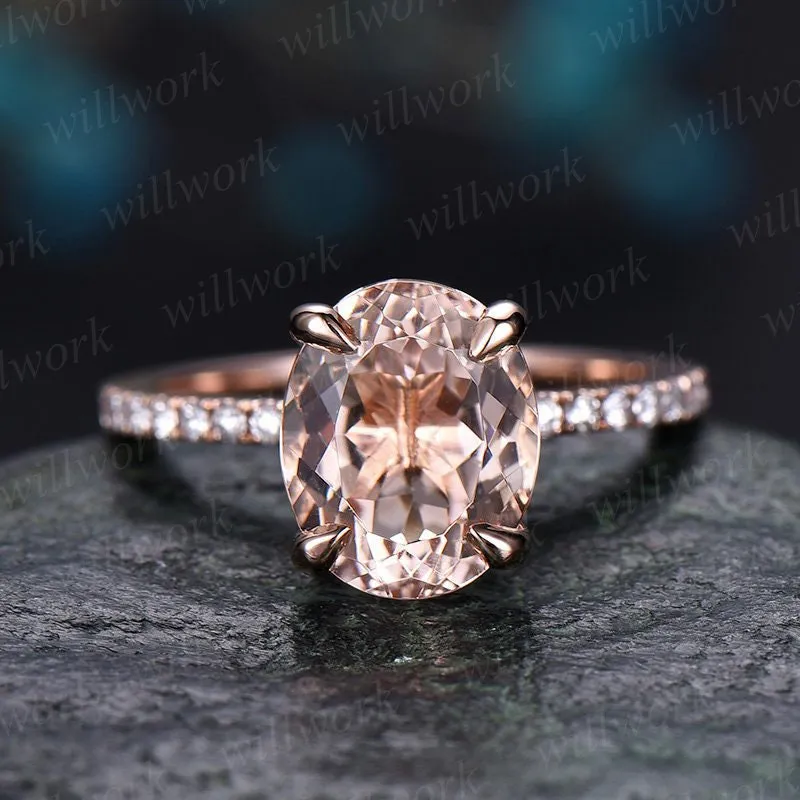 Pink morganite engagement ring solid 14k rose gold ring real diamond oval antique half eternity gift promise wedding bridal ring for her made by Willwork Jewelry