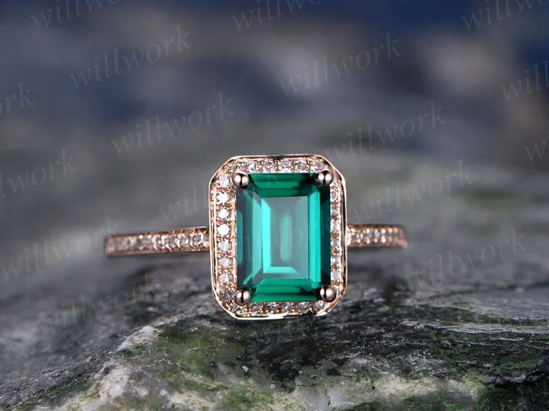 Green emerald engagement ring rose gold diamond halo ring emerald ring vintage antique art deco Lab wedding bridal promise ring for her sold by Willwork Jewelry product image thumbnail 3