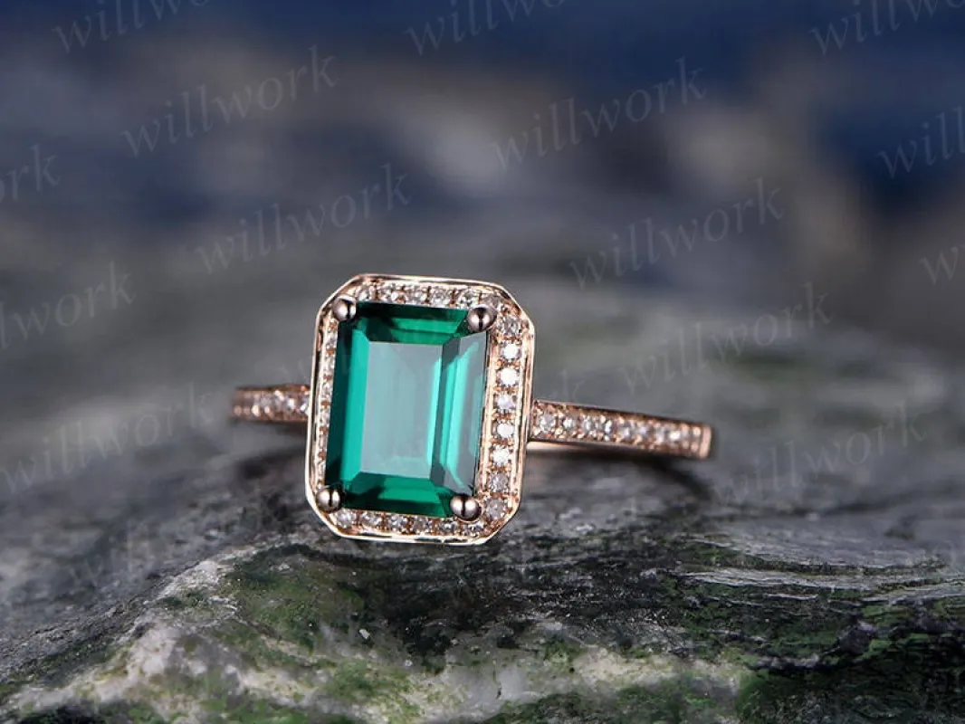 Green emerald engagement ring rose gold diamond halo ring emerald ring vintage antique art deco Lab wedding bridal promise ring for her sold by Willwork Jewelry
