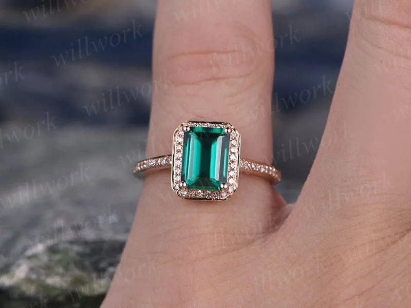 Green emerald engagement ring rose gold diamond halo ring emerald ring vintage antique art deco Lab wedding bridal promise ring for her sold by Willwork Jewelry product image thumbnail 2