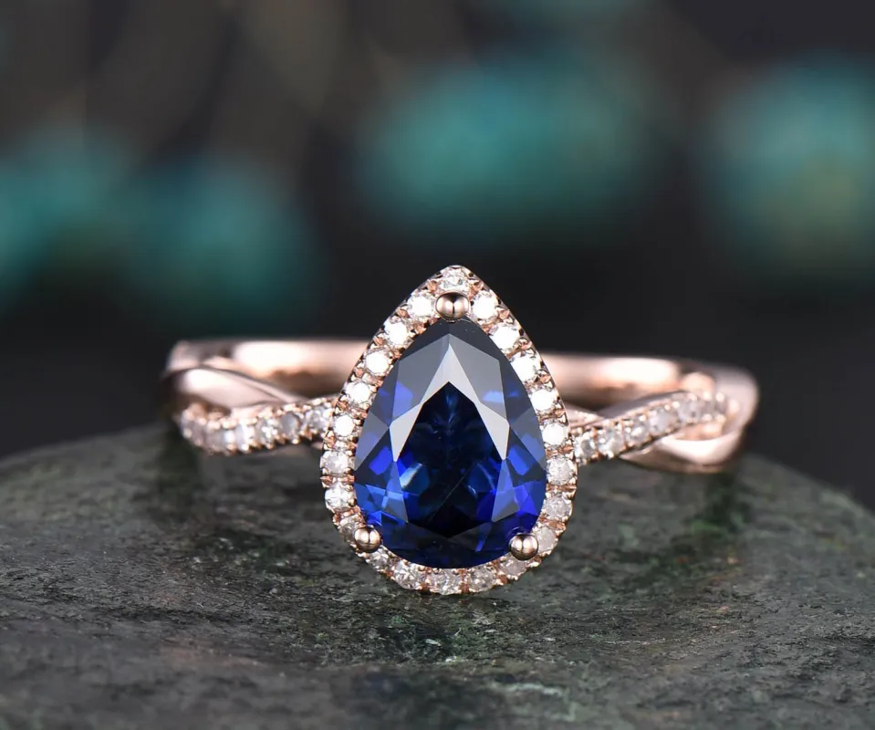 Pear shaped sapphire engagement ring vintage sapphire jewelry twisted infinity diamond ring rose gold bridal ring September birthstone ring made by Willwork Jewelry