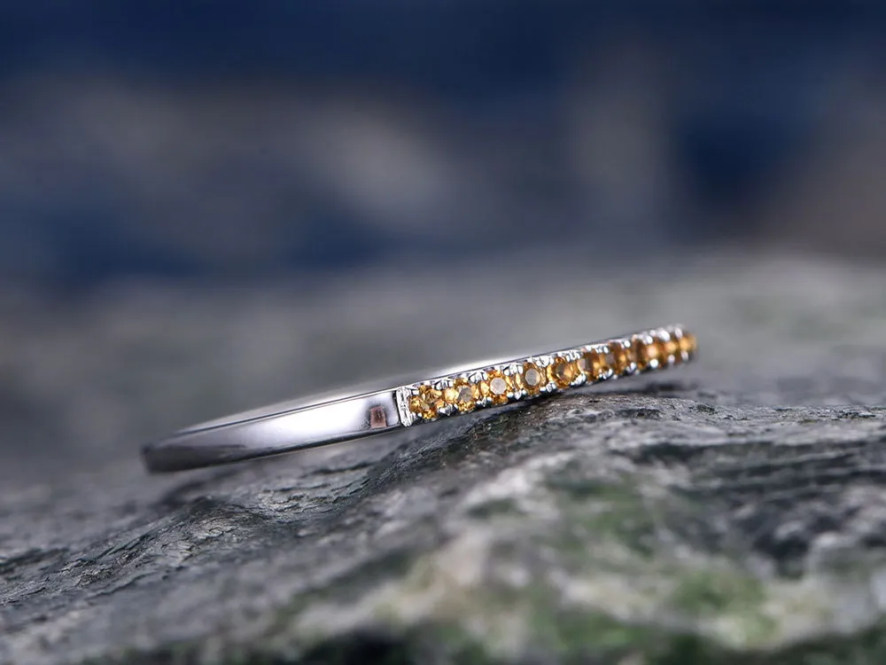 Natural Citrine wedding ring-solid 14k white gold-handmade unique ring-half eternity-Petite 1.2mm Matching band-tiny stones promise ring sold by Willwork Jewelry product image thumbnail 3