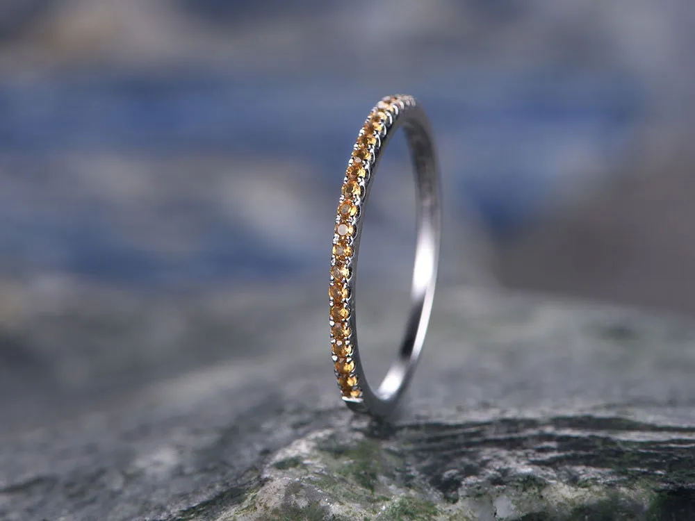 Natural Citrine wedding ring-solid 14k white gold-handmade unique ring-half eternity-Petite 1.2mm Matching band-tiny stones promise ring sold by Willwork Jewelry product image thumbnail 2
