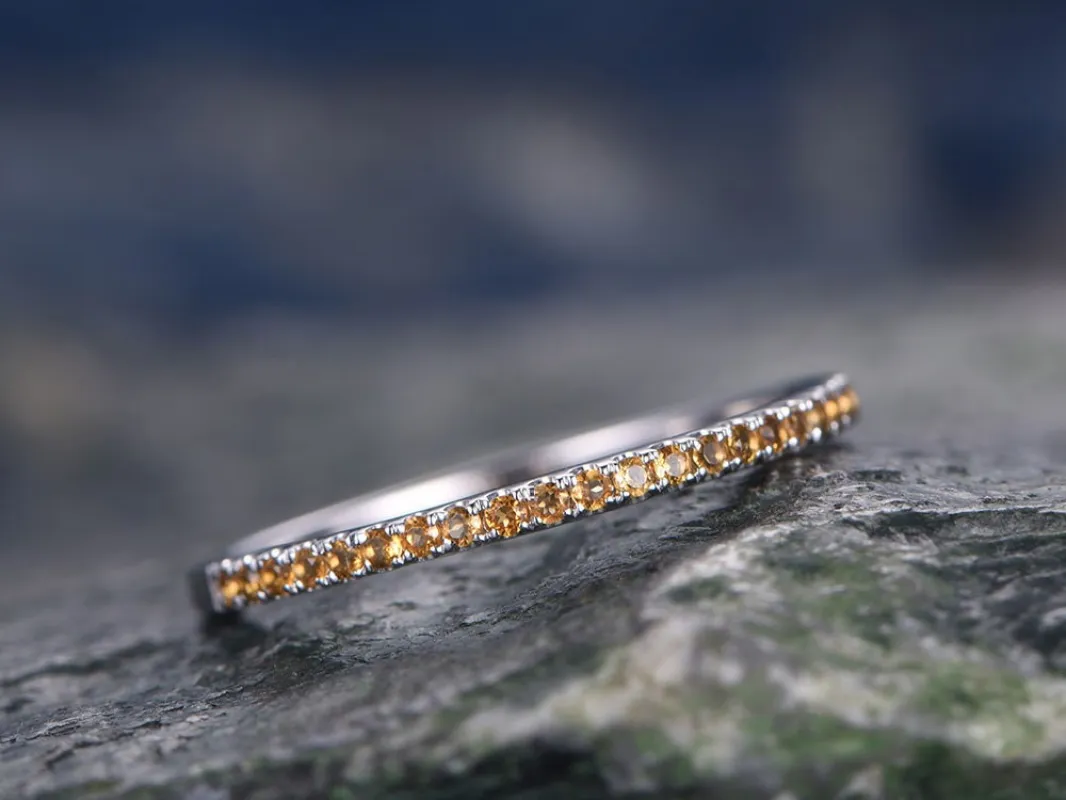 Natural Citrine wedding ring-solid 14k white gold-handmade unique ring-half eternity-Petite 1.2mm Matching band-tiny stones promise ring made by Willwork Jewelry