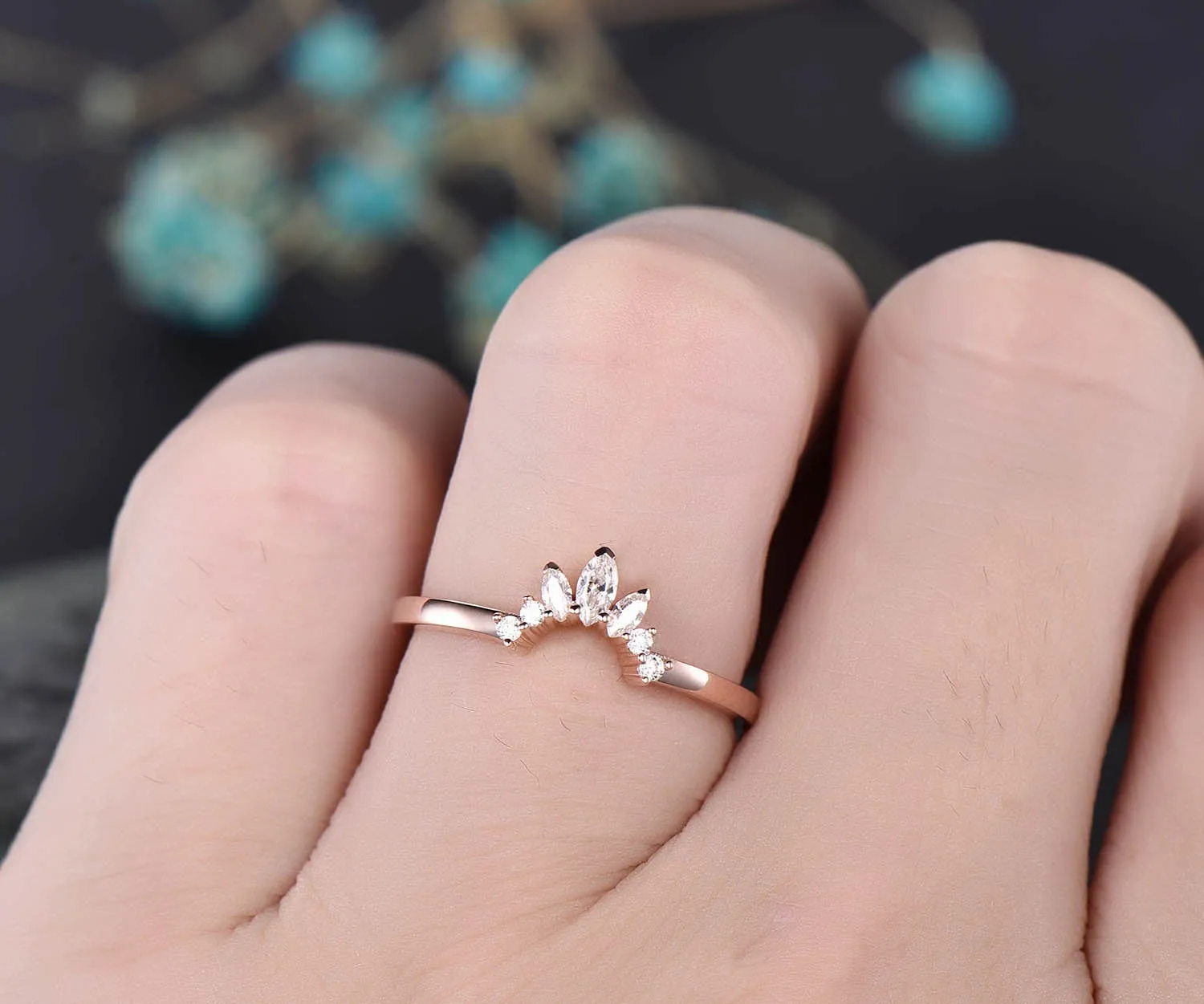 Vintage unique art deco Marquise moissanite wedding ring curved crown moissanite wedding band 14k rose gold anniversary gift custom jewelry sold by Willwork Jewelry product image thumbnail 2