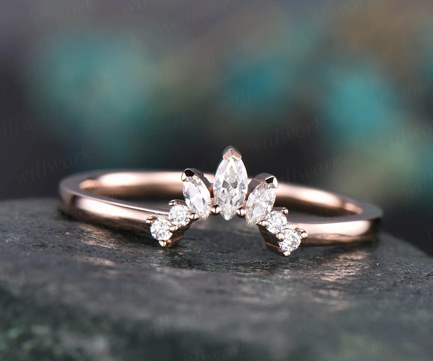 Vintage unique art deco Marquise moissanite wedding ring curved crown moissanite wedding band 14k rose gold anniversary gift custom jewelry sold by Willwork Jewelry product image thumbnail 3
